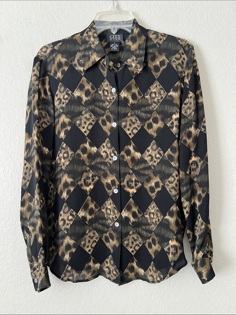 Like New! SILK CITY Leopard Diamond-Print Button-Up Shirt Blk/Brwn Size S
